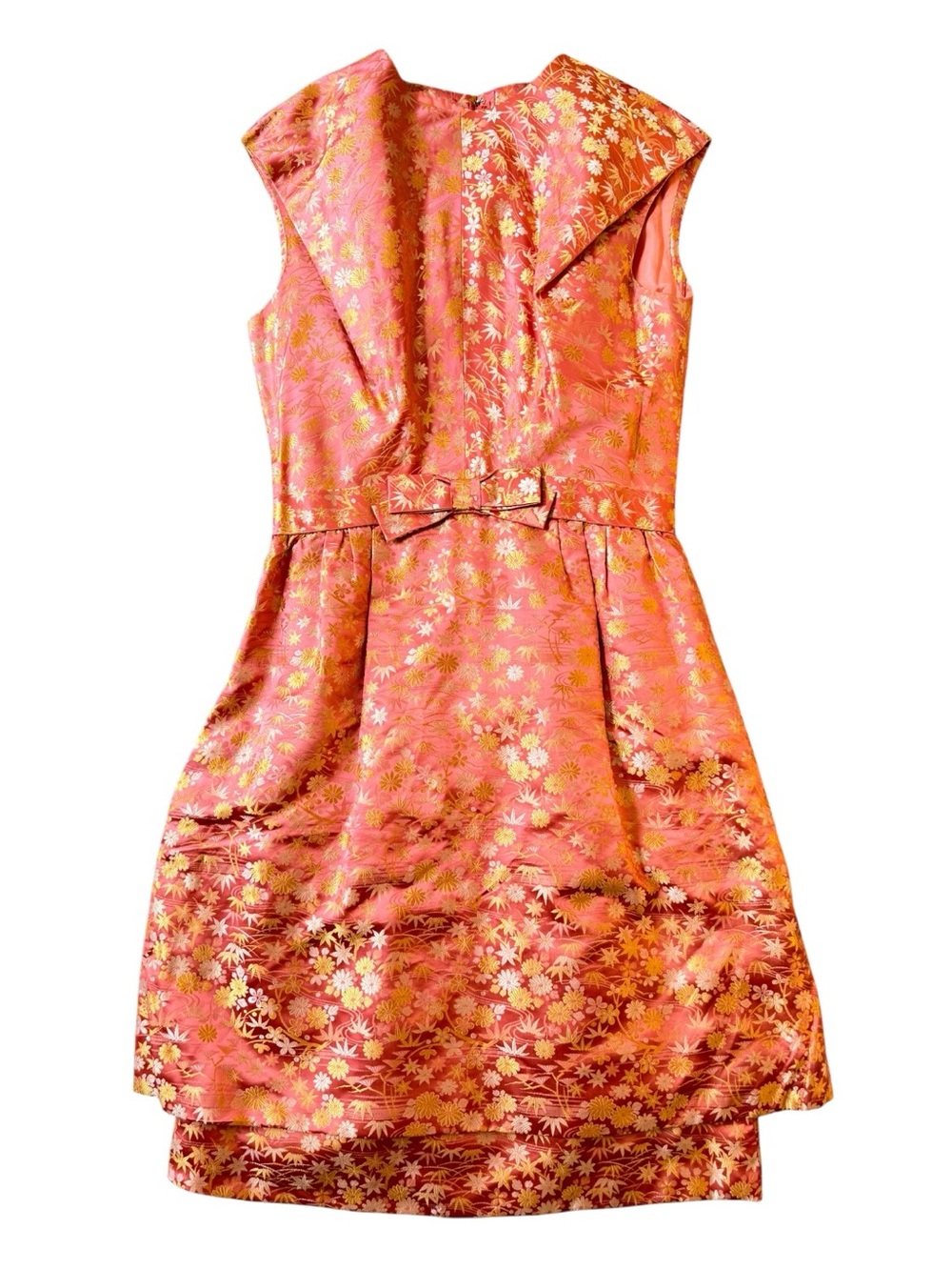 Handmade Silk Brocade Dress Pink Gold Floral Asian Inspired Bow Waist Small